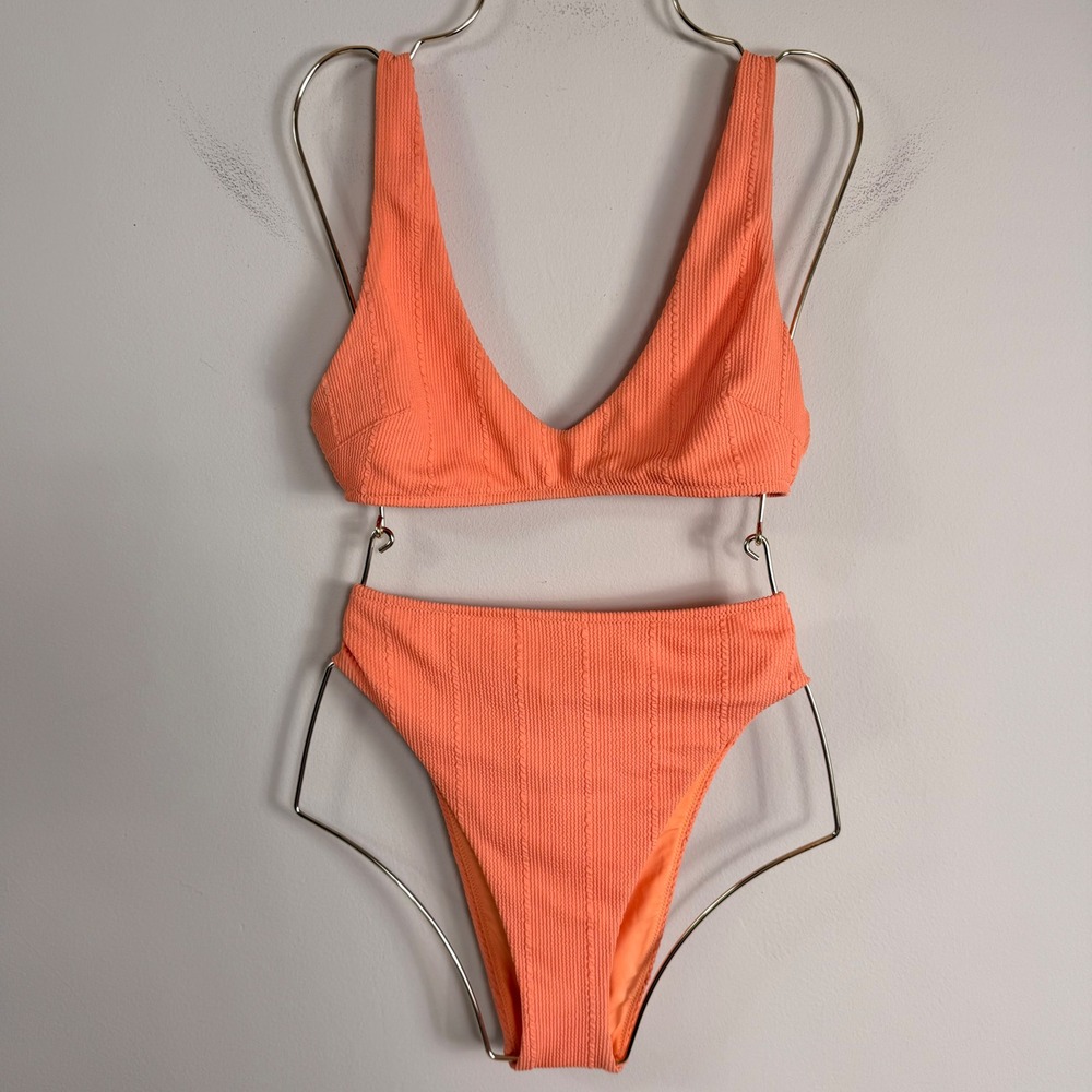 Aerie Orange Textured High Waisted Bikini Set V-Neck Bralette Top Small Medium